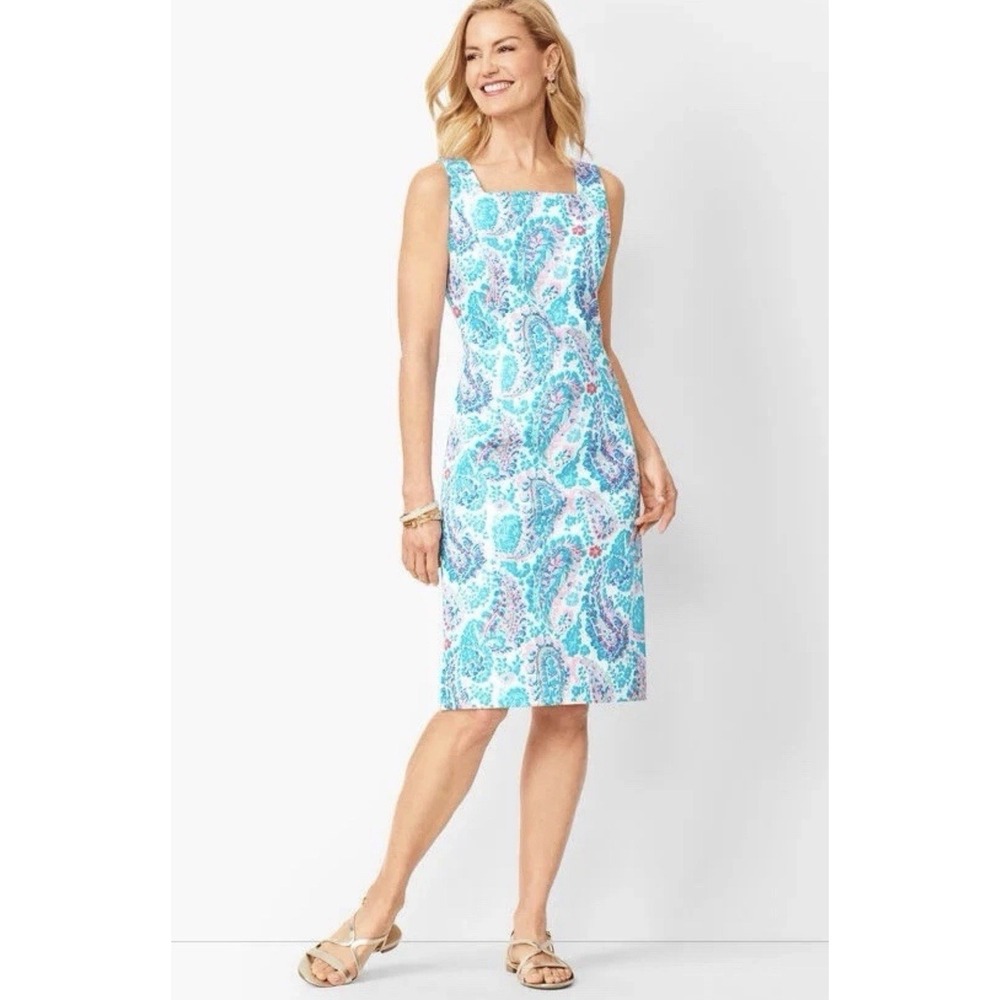 Talbots Fresco Paisley Sheath Dress 6 Blue Pink Cotton Resort Coastal Preppy